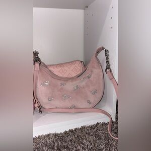 Juicy couture pink velvet crystal moon shaped crossbody bag
